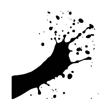 Dinamik siyah mürekkep beyaz arka plana sıçrar. Düzensiz şekil çeşitli boyutlardaki damlacıkları ve ana sıçramayı içeriyor. Tarz soyut ve cüretkar..