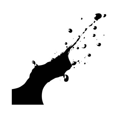 Beyaz arka plana siyah mürekkep sıçramış. Mürekkep, çeşitli boyutlarda damlacıkları olan dinamik ve akışkandır. Biçim soyut ve grafiksel.