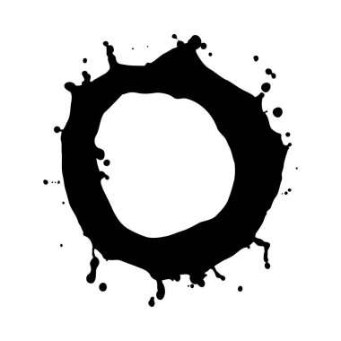 Beyaz arka plana yuvarlak siyah bir mürekkep sıçramış. Mürekkebin ana çemberden uzanan küçük damlacıklar ile biraz düzensiz bir dokusu var. Genel biçim soyut ve grafiktir.