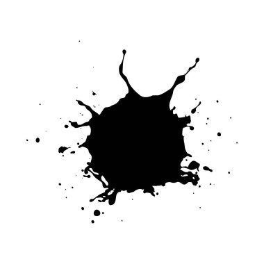 Koyu beyaz arka plana siyah mürekkep sıçramasının yüksek kontrastlı görüntüsü. Sıçrama düzensiz ve dinamik. Değişik boyutlarda damlacıklar var. Genel havası cesur ve çarpıcı..