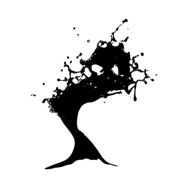 Siyah bir mürekkep sıçramasını gösteren yüksek kontrastlı bir resim beyaz arka planda soyut ağaç benzeri bir şekil oluşturuyor. Mürekkebin dokusu dinamik ve akışkandır, çeşitli damlacık boyutları ve şekilleriyle. Genel havası dramatik ve enerjik..