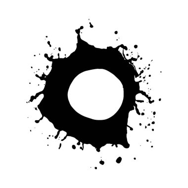 Siyah mürekkep sıçraması kabaca dairesel bir şekil oluşturur, merkezinde beyaz bir arkaplan bulunan küçük beyaz bir daire ile mürekkebin dışa doğru uzanan küçük damlacıkları olan düzensiz bir dinamik dokusu vardır..