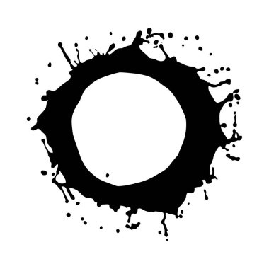 Siyah bir mürekkep lekesi beyaz bir zemine karşı dairesel bir çerçeve oluşturur. Mürekkebin düzensiz kenarları ve küçük damlacıkları olan desenli bir görünüşü var. Genel biçim soyut ve grafiktir.