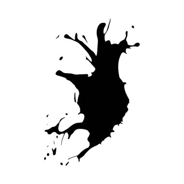 Beyaz arka plana büyük siyah bir mürekkep sıçraması içeren yüksek kontrastlı bir görüntü. Sıçramanın düzensiz kenarları ve dinamik, asimetrik şekli var. Siyah mürekkep yoğun ve katıdır, beyaz arka plan ise temiz ve lekesizdir..
