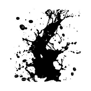 Beyaz arka planda kahve çekirdeği siluetleri olan siyah mürekkep sıçraması. Dinamik sıçrama, çeşitli boyutlardaki damlacıkları ve merkezi bir koyu mürekkep kütlesini içerir. Biçim soyut ve yüksek kontrastlı.