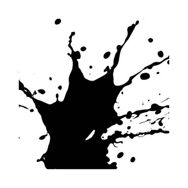 Beyaz arka plana büyük siyah bir mürekkep sıçraması içeren yüksek kontrastlı bir görüntü. Sıçramanın düzensiz kenarları ve değişen siyah mürekkep yoğunluğu var. Genel havası dinamik ve enerjik..