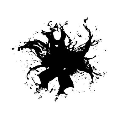 Beyaz arka plana siyah mürekkep sıçramasının yüksek kontrastlı görüntüsü. Mürekkep, merkezi kütleyi çevreleyen çeşitli damlalar ve sıçramalarla dinamik ve akışkandır. Biçim soyut ve grafiksel.