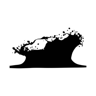 Siyah bir mürekkep, beyaz bir arkaplanda dalga şeklinde bir şekil oluşturur. Şekil, çeşitli boyutlardaki damlacıklarla soyut ve grafiktir. Genel havası dinamik ve enerjik..