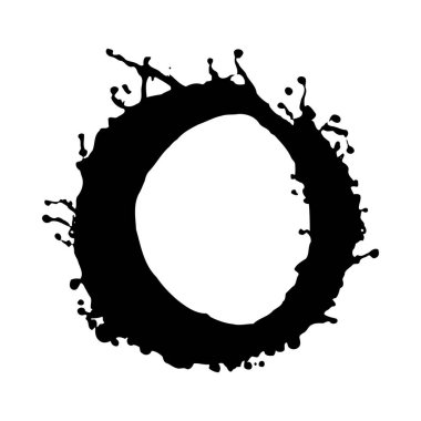 Siyah bir mürekkep lekesi beyaz bir zemine karşı dairesel bir çerçeve oluşturur. Mürekkebin düzensiz kenarları ve küçük damlacıkları olan desenli bir görünüşü var. Genel biçim soyut ve grafiktir.