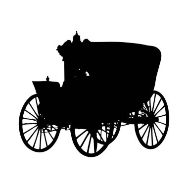 Beyaz arka planda antika bir at arabasının siyah silueti. Görüntü aracın detaylı tekerleklerini ve vücudunu basit ve sade bir şekilde gösteriyor..
