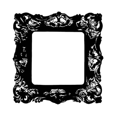 Süslü kare çerçevenin siyah beyaz çizimi. Çerçevede karmaşık kaydırma ve çiçek detaylarıyla bir rokoko tarzı yer alıyor. Klasik ve zarif bir stil..