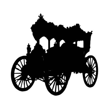 Beyaz arka planda antika bir at arabasının siyah silueti. Görüntü sergileri ayrıntılı tekerlekler ve süslü araba tasarımı. Biçim basit ve grafiksel.