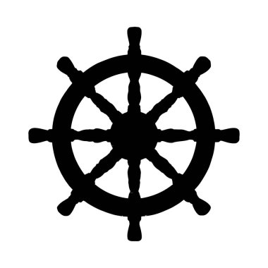 Beyaz arkaplana karşı bir gemi tekerleğinin siyah silueti. Tekerleğin on iki teli ve basit bir tasarımı var. Görüntü açık ve net..