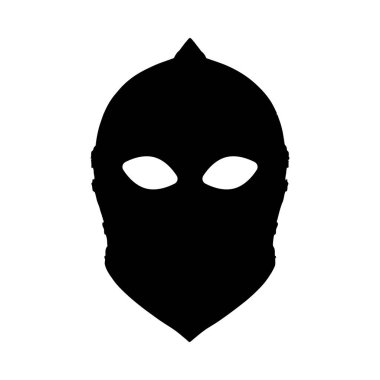 Ortaçağ miğferinin siyah bir silueti. Beyaz arka planda göz yarıkları var. Miğfer basit ve düz bir şekilde tasvir edilir. Görüntünün güçlü, karanlık bir havası var..