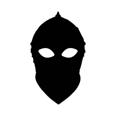 Ortaçağ kaskını andıran kar maskesi siyah bir siluet beyaz arka planda gösterilir. Görüntü basit ve güçlü kontrast ile minimalist..