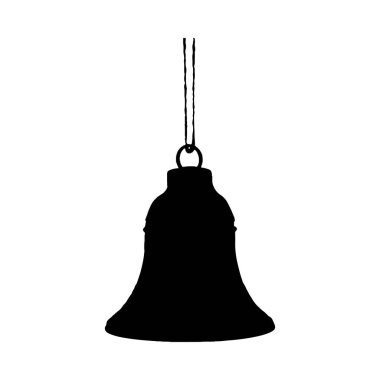 Beyaz arka planda bir ipten sarkan siyah bir çan silueti. Görüntü, siyah çan ve beyaz zemin arasında güçlü bir kontrastla basit ve minimal..