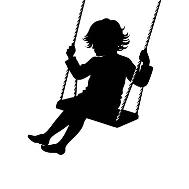 Bir çocuğun çarpıcı siyah silueti neşeyle sallanıyor, minimalist bir stil sergiliyor..