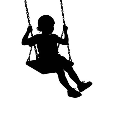 Çarpıcı bir siyah siluet. Salıncaktan zevk alan, cesur, minimalist bir stil sergileyen bir çocuk..