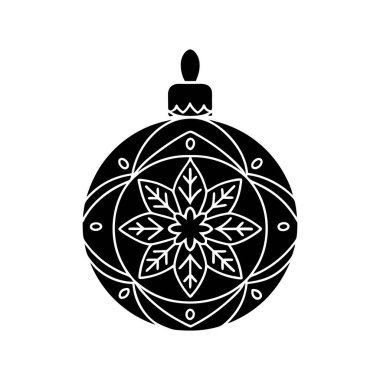 Ayırt edici geometrik çiçek desenli bir Noel süslemesinin siyah ve beyaz silüeti..