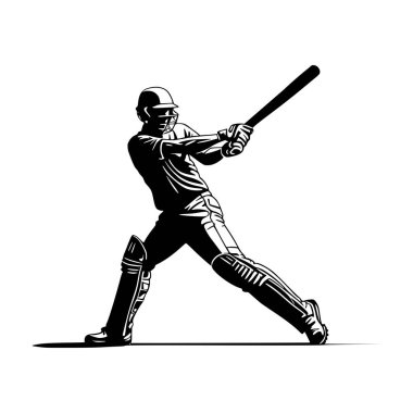 Güçlü bir vuruş duruşu sergileyen dinamik bir kriket oyuncusu silueti. Ayırt edici stili kalın ve çarpıcı..