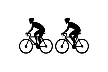 Basit, cesur bir siluet stili iki bisikletçiyi yol bisikletleri üzerinde tasvir eder.