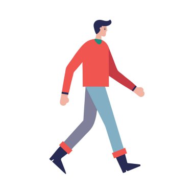 Kırmızı kazak ve gri pantolon giyen, yürüyen bir adamın belirgin düz bir silüeti..