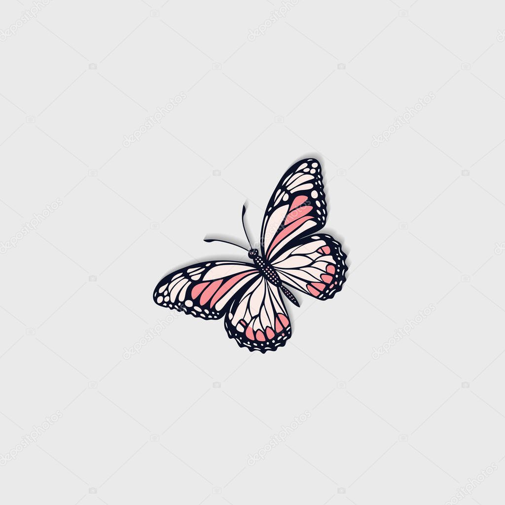 A delicate butterfly silhouette, featuring a distinctive paper-cut style, is shown in pink and black.