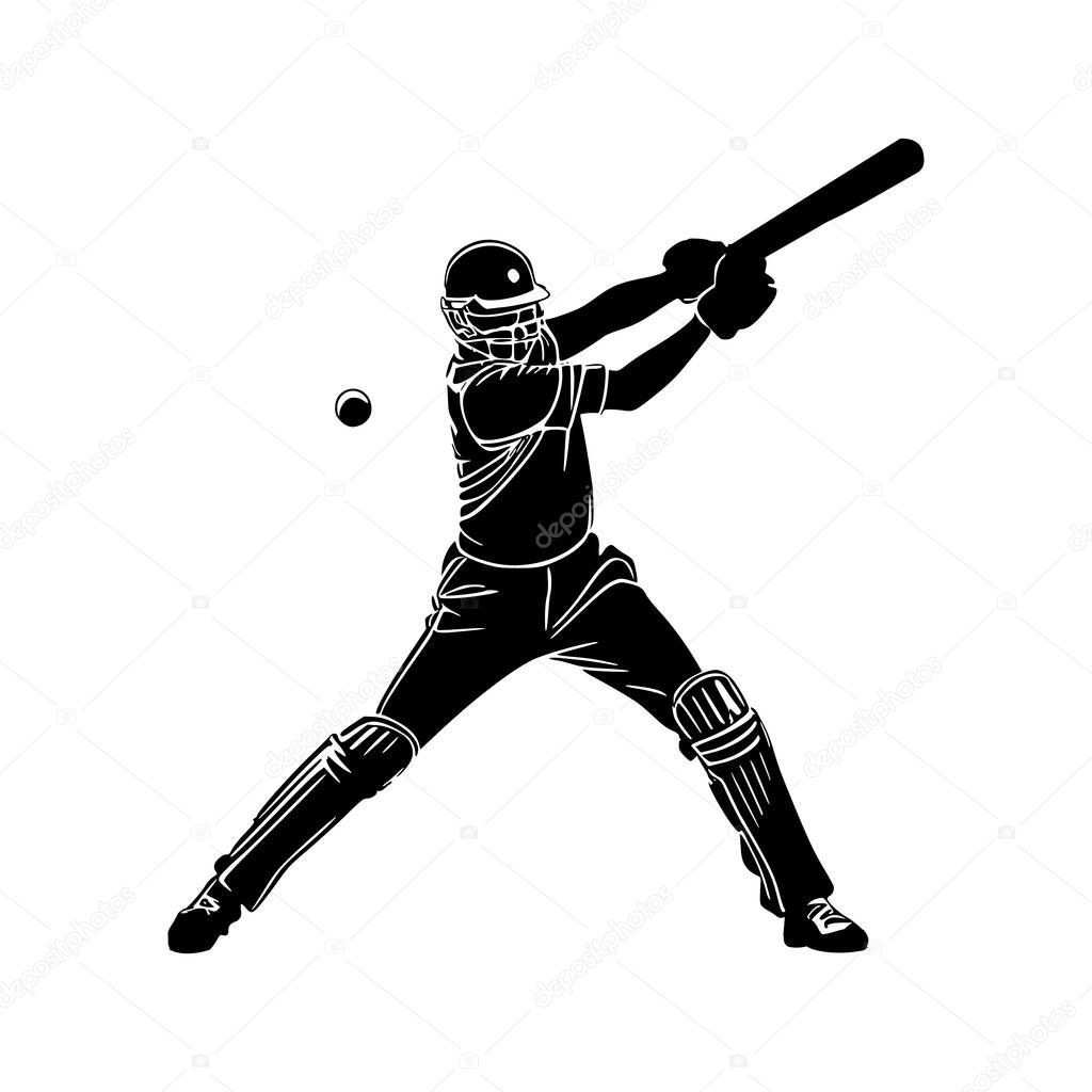 A dynamic cricket batsman silhouette, showcasing a powerful swing. The distinctive style is bold and graphic.