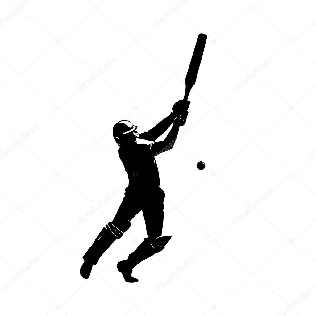 A dynamic cricket batsman silhouette, showcasing a powerful swing. The distinctive style is minimalist and bold.