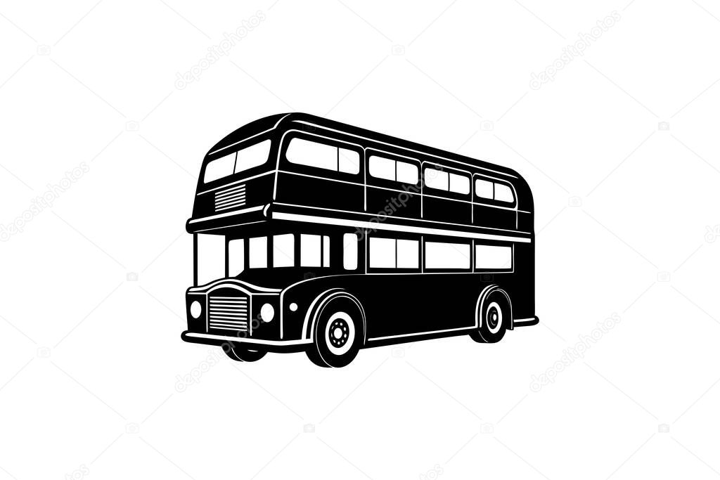 A striking black and white silhouette of a vintage double-decker bus, showcasing a bold, graphic style.