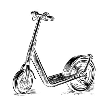 Bu resim bir scooter 'ın detaylı el çizimi siluetini gösteriyor. Ayırt edici özelliği, klasik bir illüstrasyon veya teknik bir çizimi andıran anlamlı, yarım yamalak tarzıdır. Siluet beyaz arka planda siyah mürekkeple çizilmiş.,