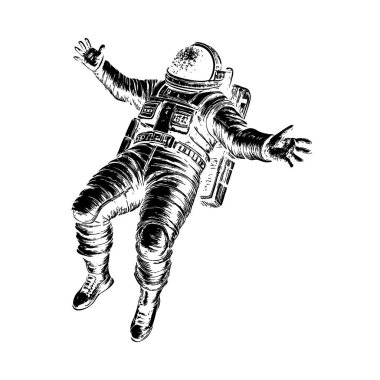 Uçsuz bucaksız uzayda yüzen bir astronotun çarpıcı bir çizimi. Görüntü, astronotun formuna derinlik ve karakter katan elle çizilmiş, dokulu bir stili gösteren dramatik bir siyah beyaz siluet olarak sunulmaktadır. Dağıtım