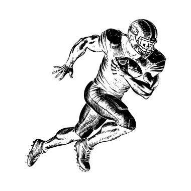 Bu resim, hareket halindeki bir Amerikan futbolcusunun dinamik siluetini gösteriyor. Ayırt edici özellik, el çizimi, siluetin taslak stili, ona ham ve enerjik bir his veriyor. Oyuncu üniforması ve Footba 'nın ayrıntıları.