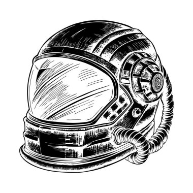 Bu resim bir astronot kaskının çarpıcı el çizimi siluetini gösteriyor. Ayırt edici stil, derin ve dokular oluşturmak için çapraz kuluçka ve çizgi çalışmalarının yoğun kullanıldığı klasik oymaları veya ahşap kesimlerini anımsatıyor. Siluet çok yüksek. 