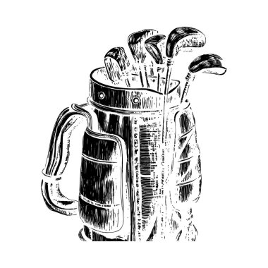 Bu resimde golf çantasının sopalarla dolu çarpıcı bir silueti yer alıyor. Siluetin kendine özgü stili elle çizilmiş, dokulu bir yaklaşımla elde edilir, ham ve anlamlı bir kalite sağlar. Siyah ve beyaz kontrast EMP