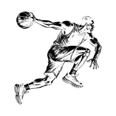 Bu çarpıcı görüntü, hareketli bir basketbol oyuncusunun hareketli siluetini sergiliyor. Siluetin kendine özgü el çizimi stili ona sporun yoğunluğunu yansıtan ham ve enerjik bir his veriyor. Ayrıntılar siyaha boyanmış olsa da