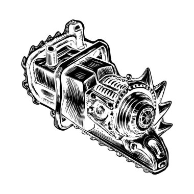 Bu resim, çarpıcı bir siluet olarak sunulan endüstriyel bir makinenin detaylı mürekkep çizimini gösteriyor. Siluetin kendine özgü biçimi, derinlik ve doku hissi yaratmak ve mekanik hissi geliştirmek için kalın çizgiler ve çapraz hatlar kullanır.