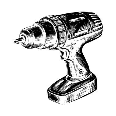Bu resim, kablosuz matkabın elle çizilmiş siluetini gösteriyor. Ayırt edici özelliği stili, detaylı bir mürekkep çizimi silueti, ona klasik veya el yapımı hissi veriyor. Silüet siyah-beyaz çizilmiş, vurgulanıyor.