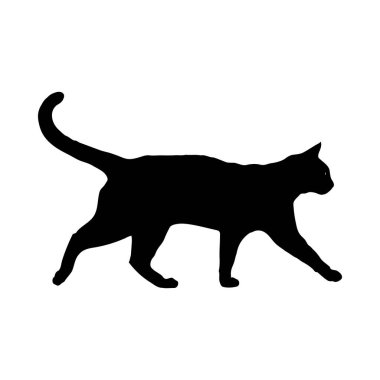 Beyaz bir arka plana karşı yürüyen bir kedinin siyah silueti. Net detaylar ve canlı renkler görsel cazibeyi artırır.