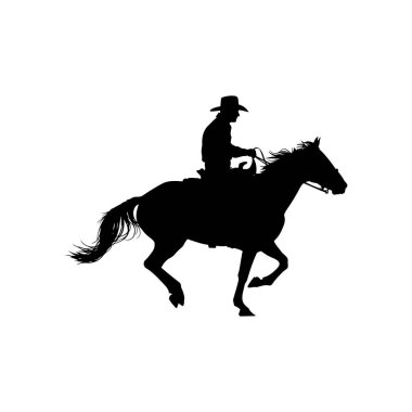Dörtnala giden bir ata binen bir kovboyun siyah silueti, beyaz bir arka planda yandan görülüyor..