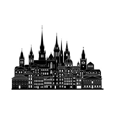Beyaz arka planda gotik kuleler ve klasik binaların karışımından oluşan bir Avrupa şehrinin siluetinin siyah silüeti.