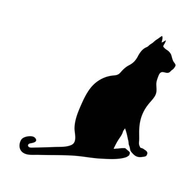 Beyaz arka planda kuyruğu yatay olarak uzanan oturan bir kedinin siyah silueti. Net detaylar ve canlı renkler görsel cazibeyi artırır.