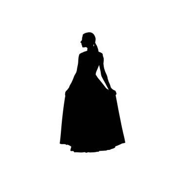 Beyaz arka planda uzun, dalgalı elbiseli bir kadının siyah silueti profilde duruyor. Net detaylar ve canlı renkler görsel cazibeyi artırır.