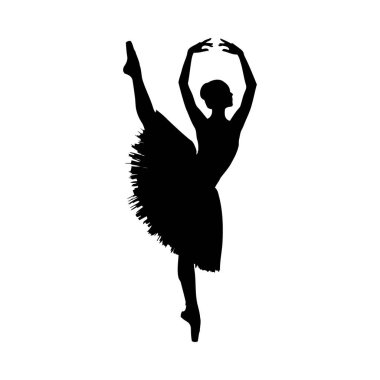 Siyah bir balerin silueti kollarını kaldırarak zarif bir poz veriyor ve bir bacağı beyaz bir arka plana uzanıyor..