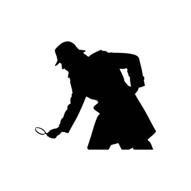 Trençkotlu ve şapkalı bir dedektifin siyah silueti büyüteçle bir şeyi inceliyor..