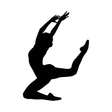 Siyah siluet bir kadın jimnastikçi, kolları havada ve bacakları dinamik bir pozda bükülmüş. Net detaylar ve canlı renkler görsel cazibeyi artırır.