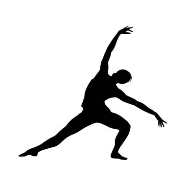 Siyah bir dansçı silueti, dinamik, zarif bir pozda, kolları açık, beyaz bir arka planda..