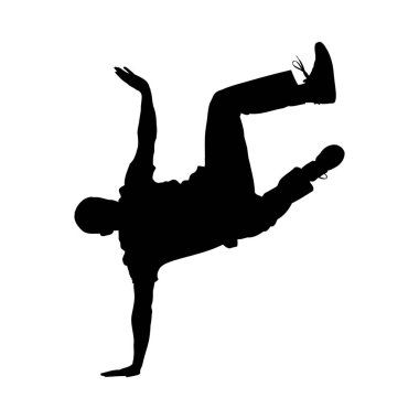 Beyaz arka planda dinamik break dans yapan bir adamın siyah silueti. Net detaylar ve canlı renkler görsel cazibeyi artırır.