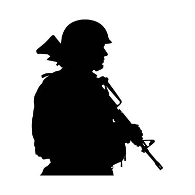 Siyah siluet üniformalı bir asker miğfer takıyor ve elinde tüfekle beyaz bir arkaplanda duruyor..