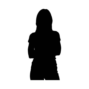 Beyaz bir arka planda kollarını kavuşturmuş siyah bir kadın silueti. Net detaylar ve canlı renkler görsel cazibeyi artırır.